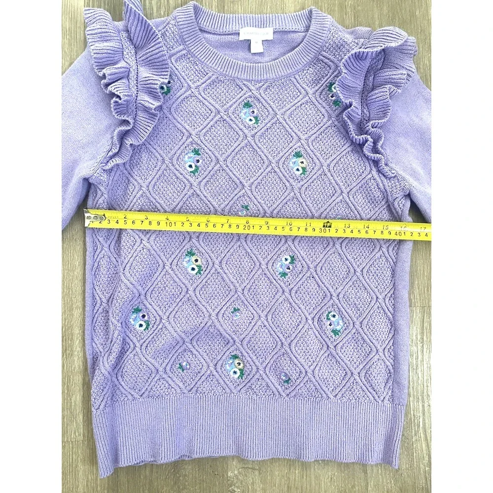 Lavender Fields Ruffle Floral Sweater Sz M Shirt Cottage Cozy Girly Soft Grandma